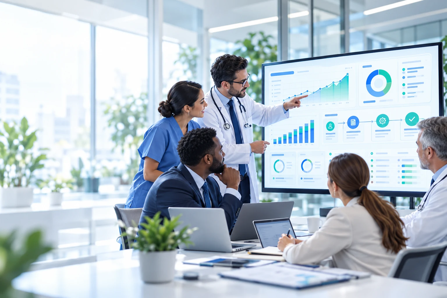 Healthcare administration professionals collaborating around a laptop